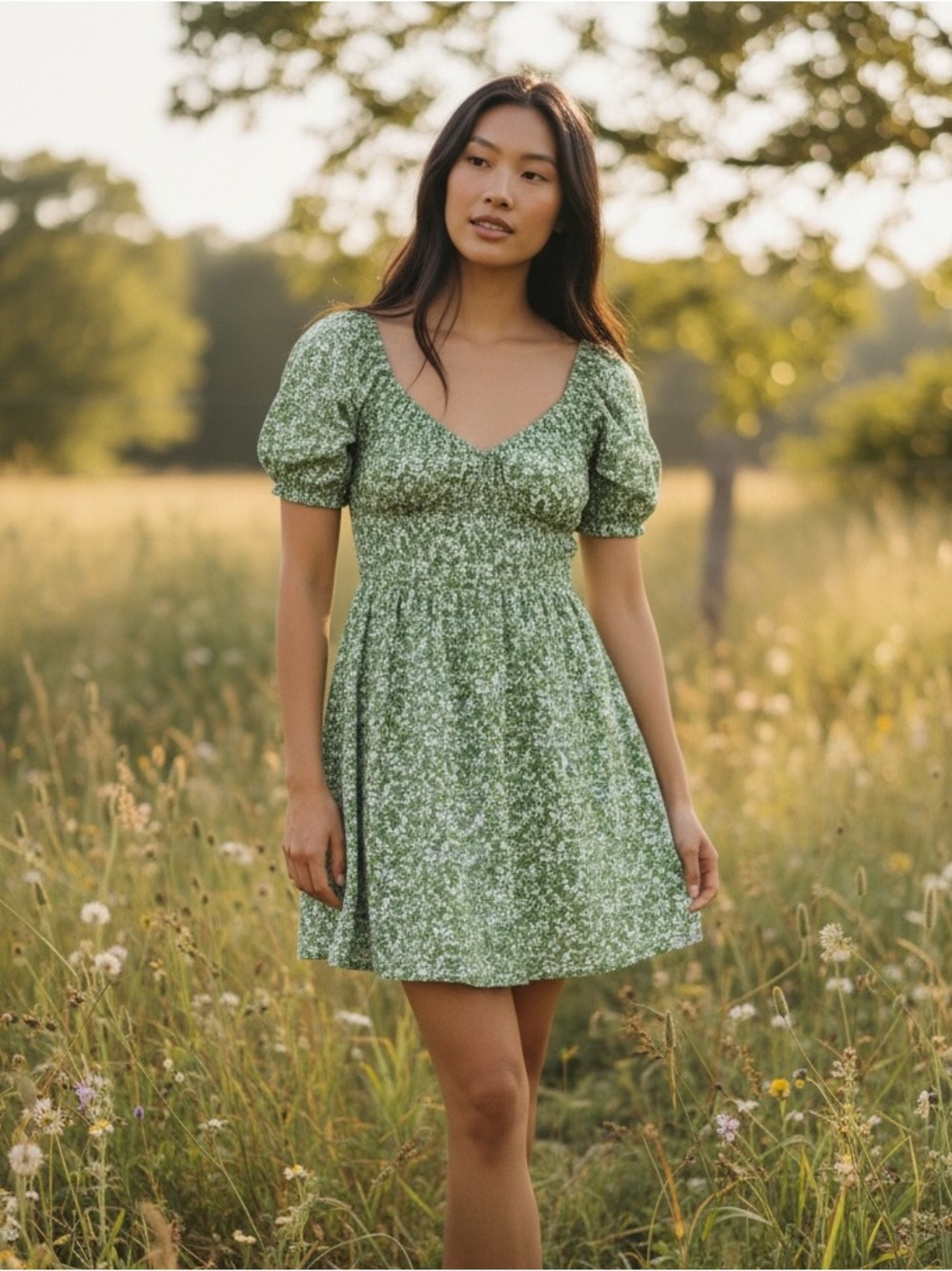 NWT Needii Meredith Green Floral Puff Sleeve Mini Dress Sz M Milkmaid Romantic